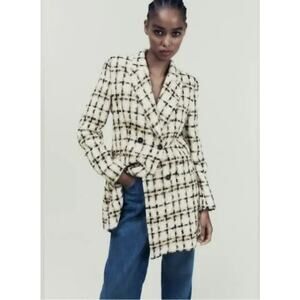 Zara Women Taupe Brown Lapel Collar Longline Textured Plaid Blazer Medium